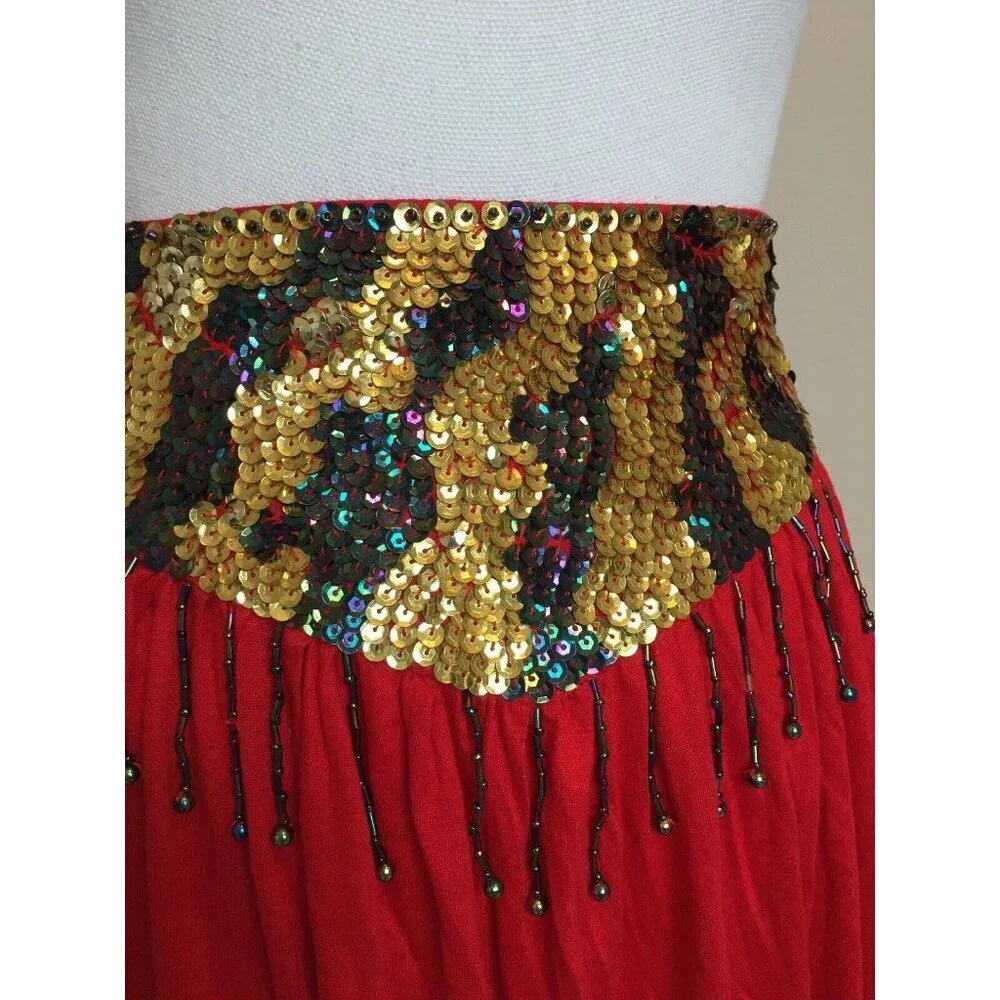 Jane Ashley Red Sequin Skirt gold beaded boho gypsy dance full midi S